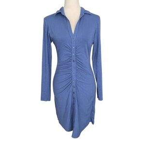 Sundry Ruched Front Button Up Blue Long Sleeve Effortless Chic Dress Women Sz S